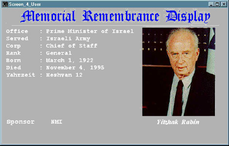 Sample screen shot from Yahrzeit Memorial. This particular memorial is of Prime Minister Rabin.